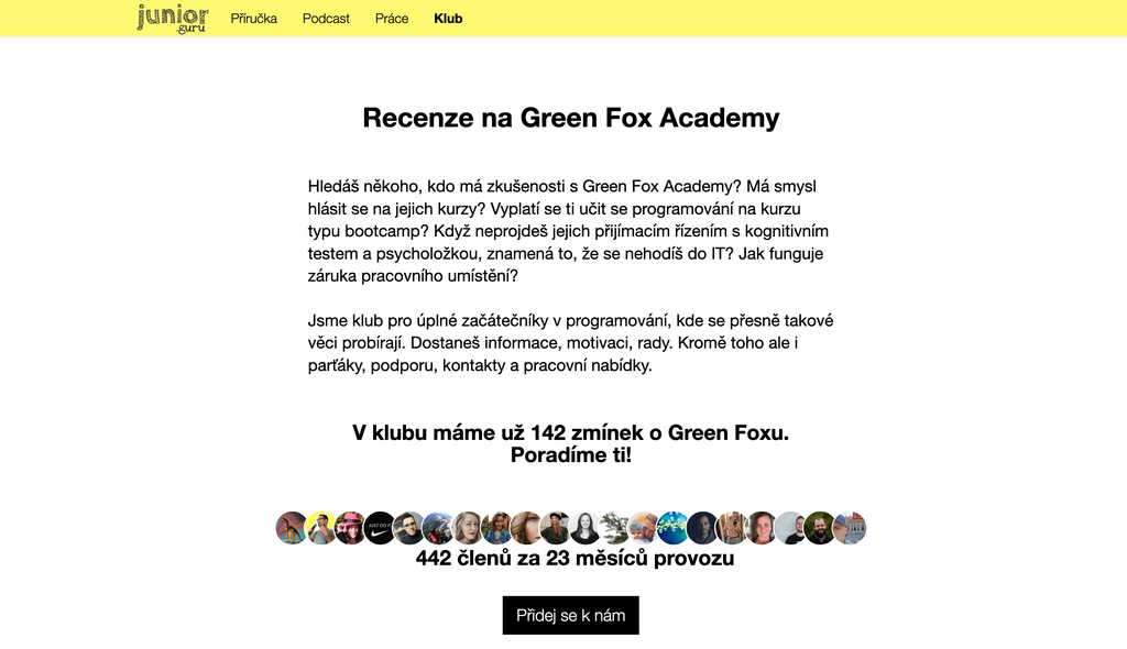 Snímek obrazovky, SEO lapač na Green Fox Academy